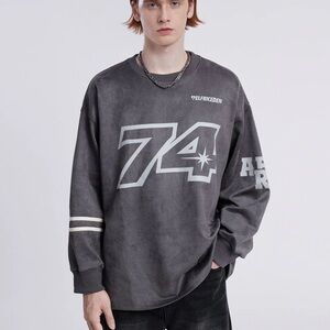 AELFRIC EDEN Graphic Long Sleeve Crewneck Grey Lettered Sweatshirt 74 Unisex S